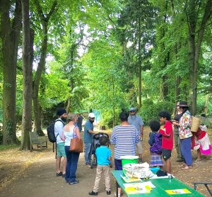 A photo of a group of people gathered under a high canopy of green trees