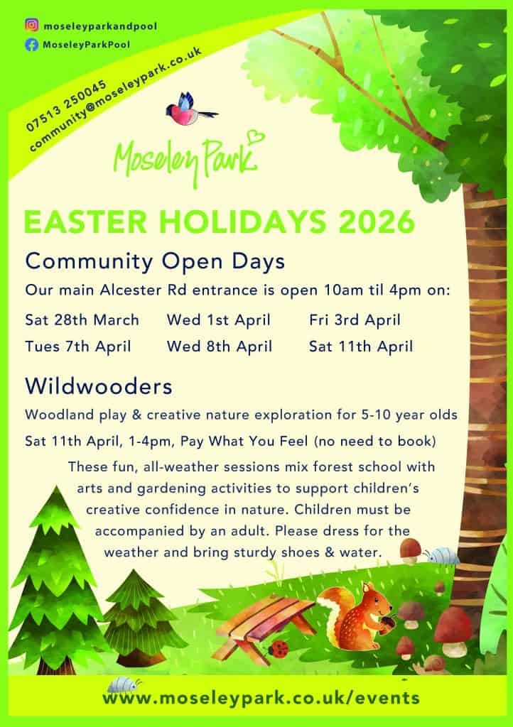 A colourful illustration of a park with some text about our school holiday openings and activities which is repeated below the picture as text.